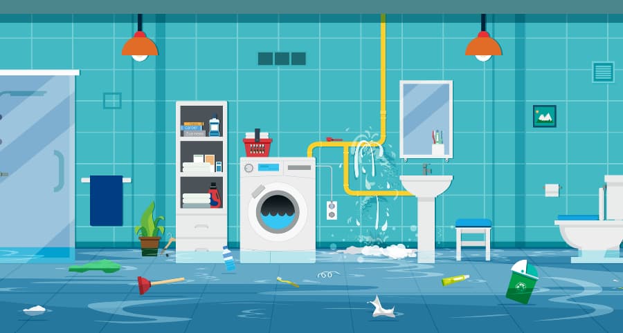 Illustration of bathroom flooding as a result of a burst pipe